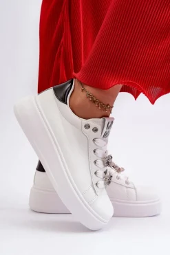 Sneakersy Damskie|Buty Sportowe Na Platformie></noscript>Boto Damskie Sneakersy Na Platformie Z Przypinkami Sercami Białe Azamia