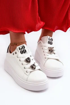 Sneakersy Damskie|Buty Sportowe Na Platformie></noscript>Boto Damskie Sneakersy Na Platformie Z Przypinkami Sercami Białe Azamia
