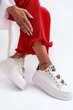 Sneakersy Damskie|Buty Sportowe Na Platformie></noscript>Boto Damskie Sneakersy Na Platformie Z Przypinkami Sercami Białe Azamia