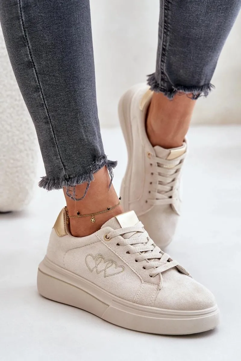 Hot Boto Damskie Sneakersy Na Platformie Z Sercami Beżowe Avirorae