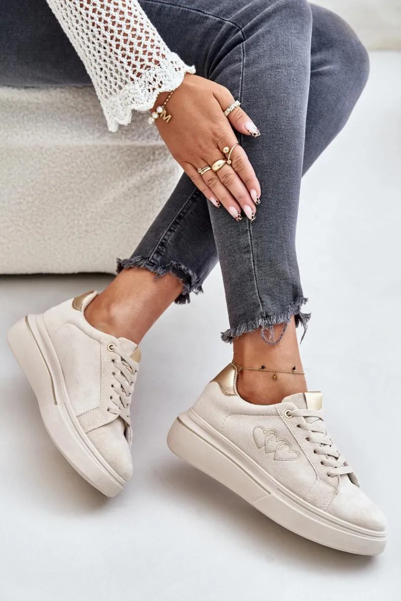 Hot Boto Damskie Sneakersy Na Platformie Z Sercami Beżowe Avirorae