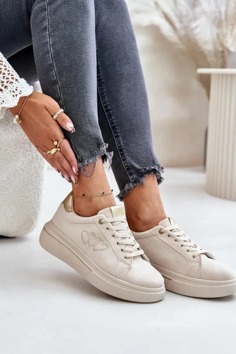 Hot Boto Damskie Sneakersy Na Platformie Z Sercami Beżowe Avirorae