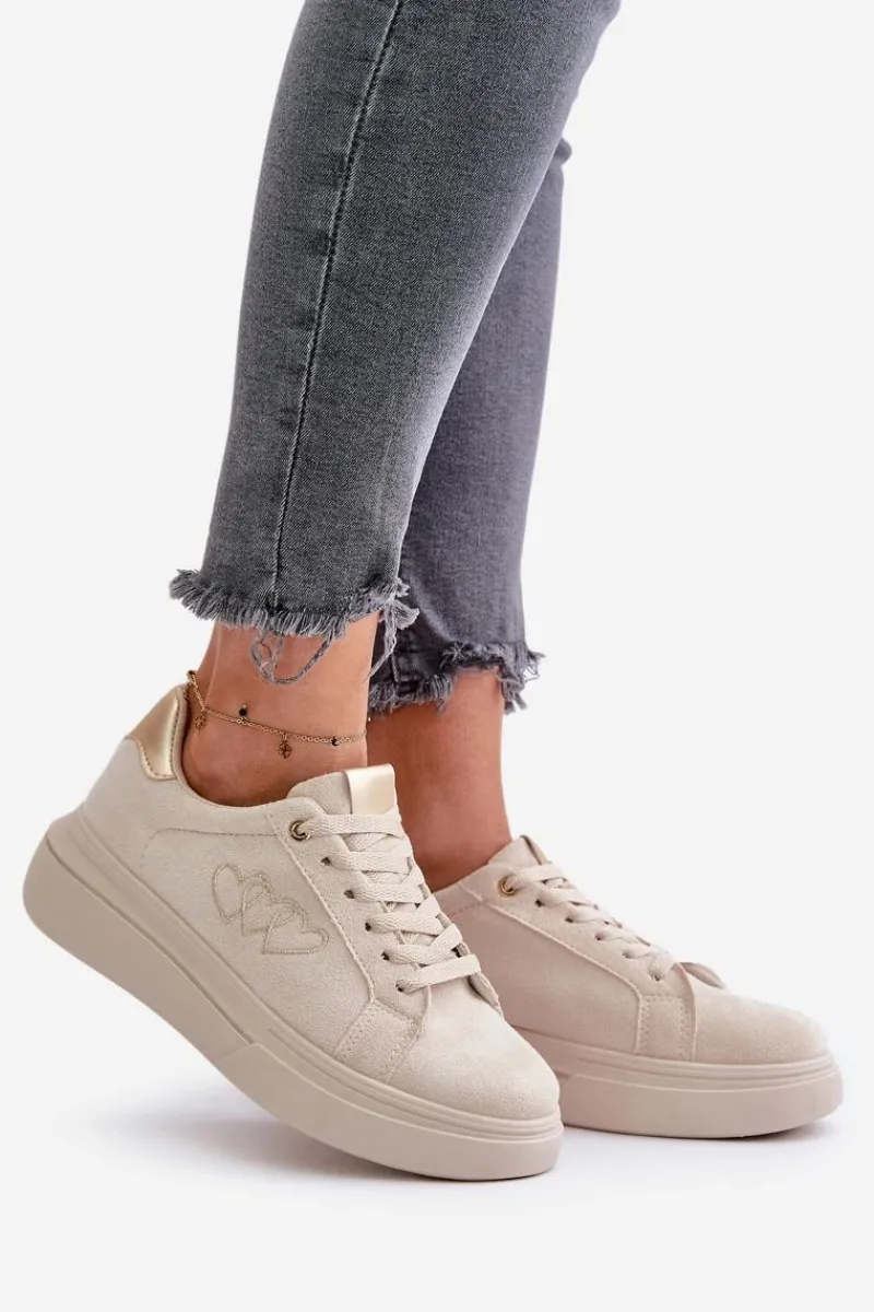 Hot Boto Damskie Sneakersy Na Platformie Z Sercami Beżowe Avirorae
