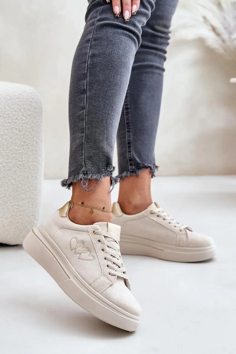 Hot Boto Damskie Sneakersy Na Platformie Z Sercami Beżowe Avirorae