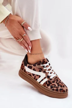 Sale Boto Damskie Sneakersy Na Platformie Panterka Brązowe Totter Brązowy