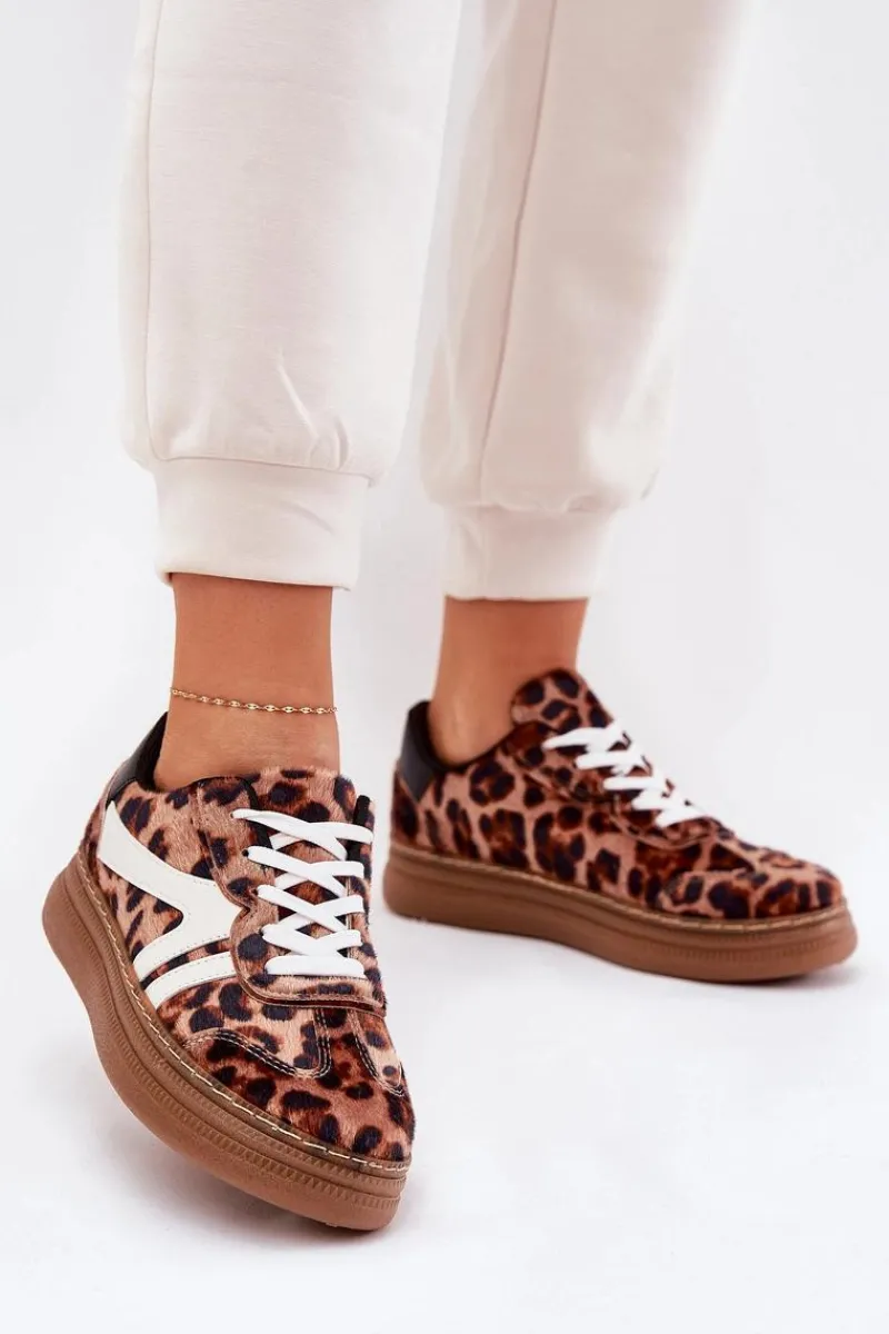 Sale Boto Damskie Sneakersy Na Platformie Panterka Brązowe Totter Brązowy