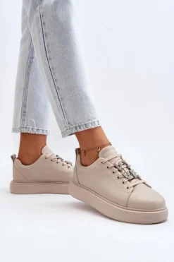 Best Buty damskie Vinceza Damskie Sneakersy Skórzane Z Ozdobami Beżowe Dysuria