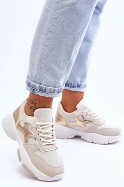 New Boto Damskie Sneakersy Sznurowane Beżowo-Złote Cortes