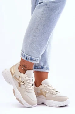 New Boto Damskie Sneakersy Sznurowane Beżowo-Złote Cortes