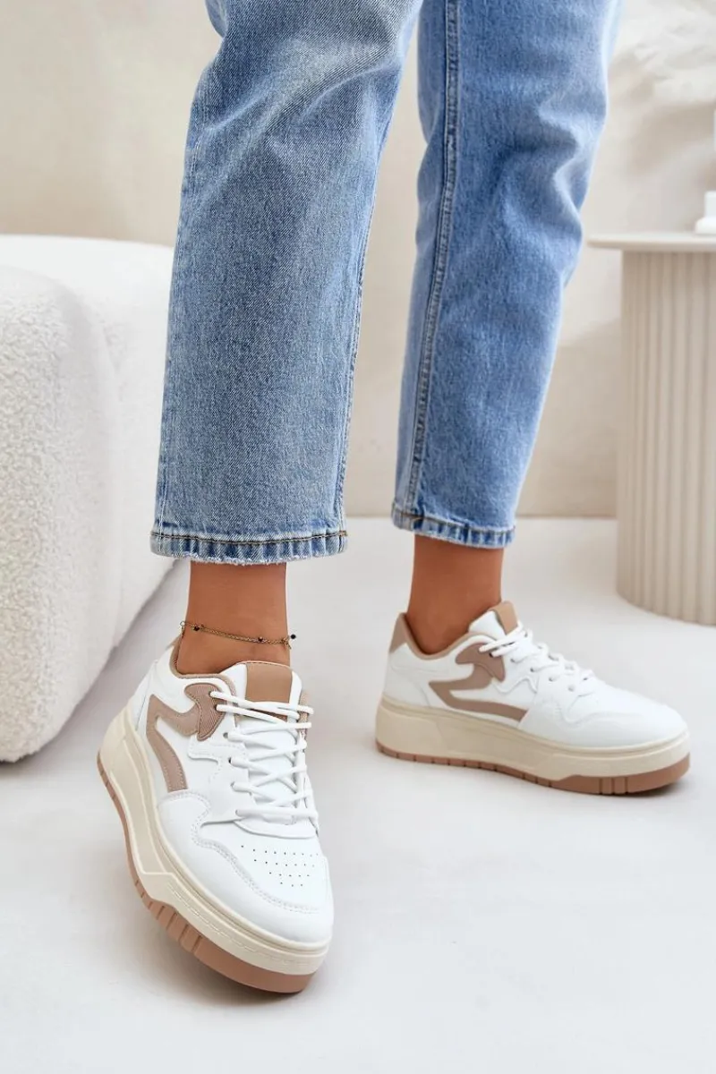 Outlet Damskie Sneakersy Z Eko Skóry Na Platformie Biało-Beżowe Henizore Damskie Sneakersy Damskie