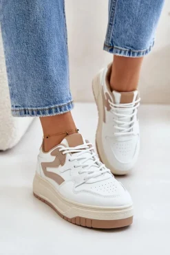 Outlet Damskie Sneakersy Z Eko Skóry Na Platformie Biało-Beżowe Henizore Damskie Sneakersy Damskie