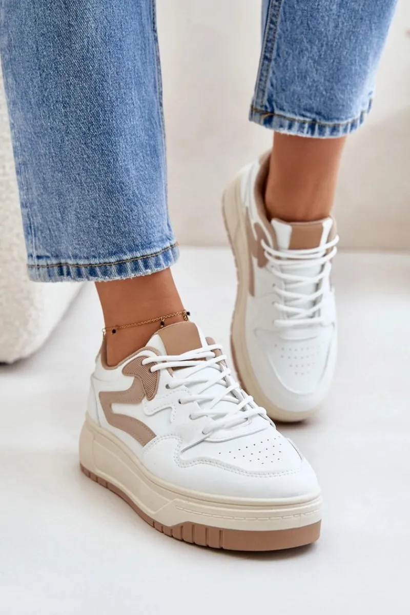 Outlet Damskie Sneakersy Z Eko Skóry Na Platformie Biało-Beżowe Henizore Damskie Sneakersy Damskie