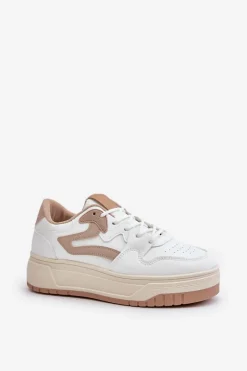 Outlet Damskie Sneakersy Z Eko Skóry Na Platformie Biało-Beżowe Henizore Damskie Sneakersy Damskie