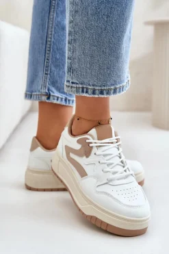 Outlet Damskie Sneakersy Z Eko Skóry Na Platformie Biało-Beżowe Henizore Damskie Sneakersy Damskie