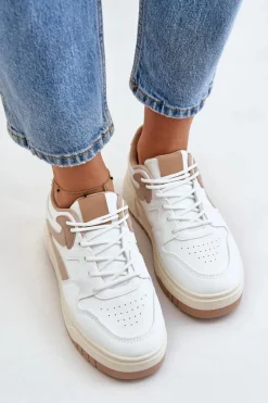 Outlet Damskie Sneakersy Z Eko Skóry Na Platformie Biało-Beżowe Henizore Damskie Sneakersy Damskie