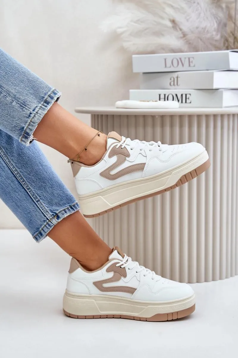 Outlet Damskie Sneakersy Z Eko Skóry Na Platformie Biało-Beżowe Henizore Damskie Sneakersy Damskie