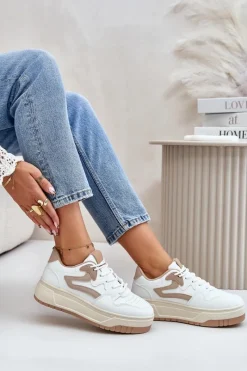 Outlet Damskie Sneakersy Z Eko Skóry Na Platformie Biało-Beżowe Henizore Damskie Sneakersy Damskie