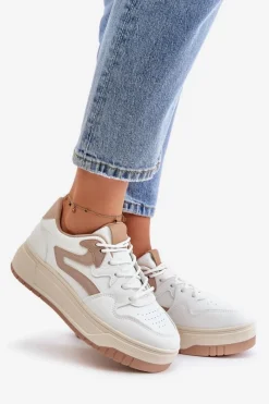 Outlet Damskie Sneakersy Z Eko Skóry Na Platformie Biało-Beżowe Henizore Damskie Sneakersy Damskie