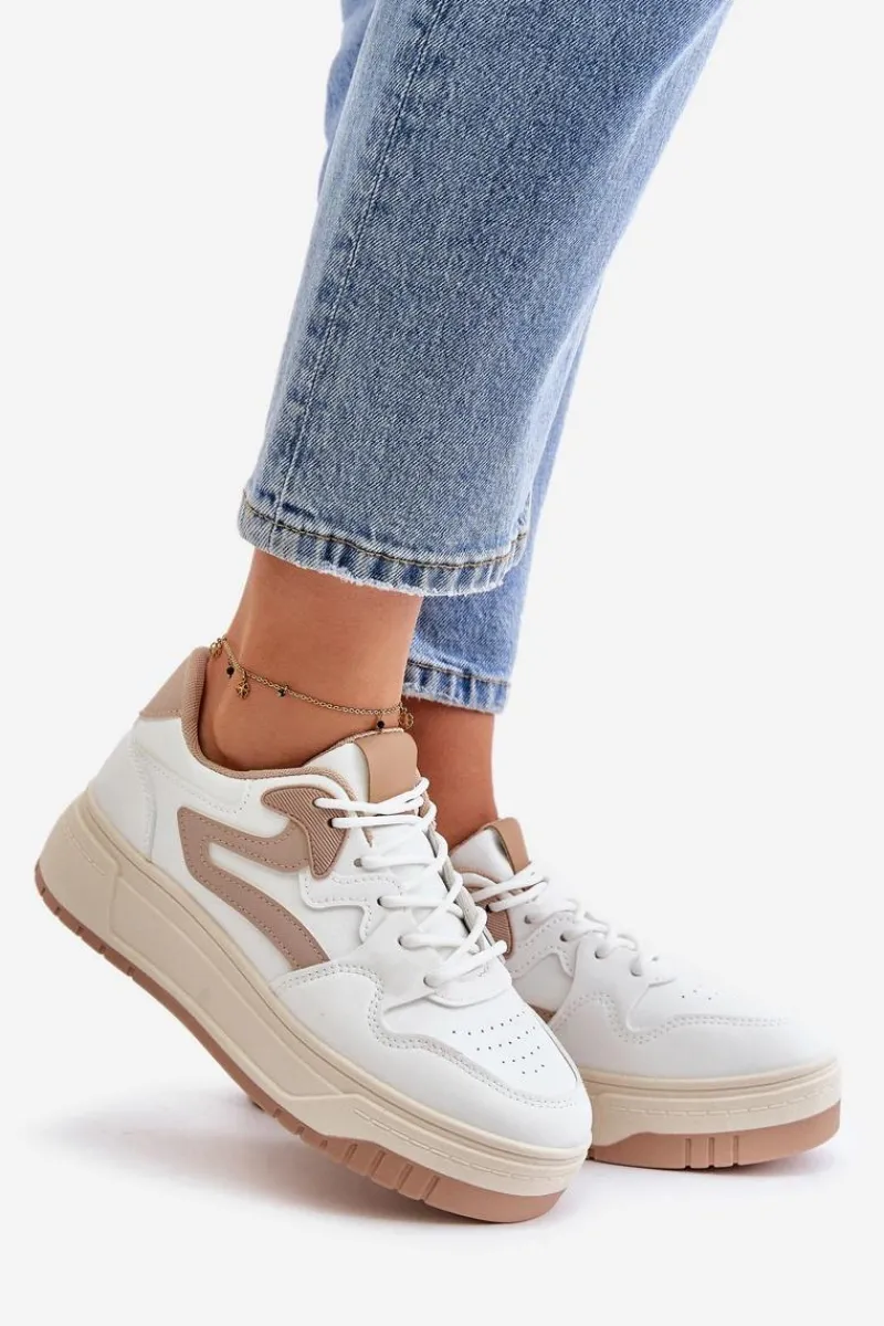 Outlet Damskie Sneakersy Z Eko Skóry Na Platformie Biało-Beżowe Henizore Damskie Sneakersy Damskie