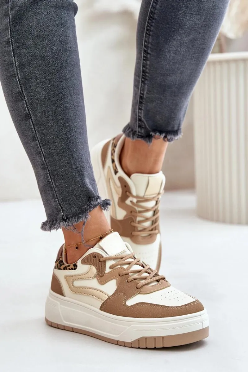Sneakersy Damskie>Boto Damskie Sneakersy Z Eko Skóry Na Platformie Panterka Beżowe Henizore Beżowy