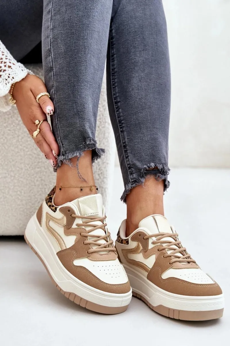 Sneakersy Damskie>Boto Damskie Sneakersy Z Eko Skóry Na Platformie Panterka Beżowe Henizore Beżowy