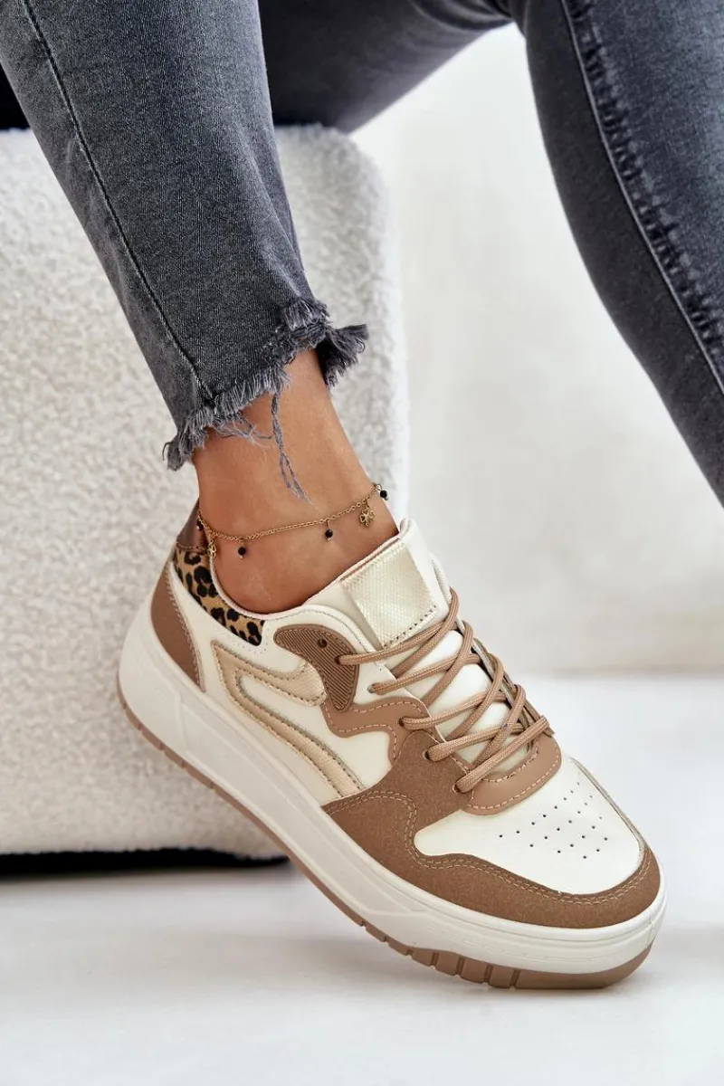 Sneakersy Damskie>Boto Damskie Sneakersy Z Eko Skóry Na Platformie Panterka Beżowe Henizore Beżowy