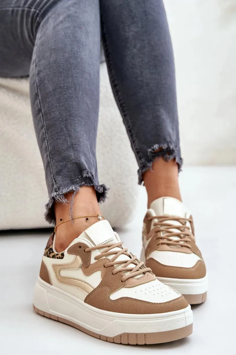 Sneakersy Damskie>Boto Damskie Sneakersy Z Eko Skóry Na Platformie Panterka Beżowe Henizore Beżowy