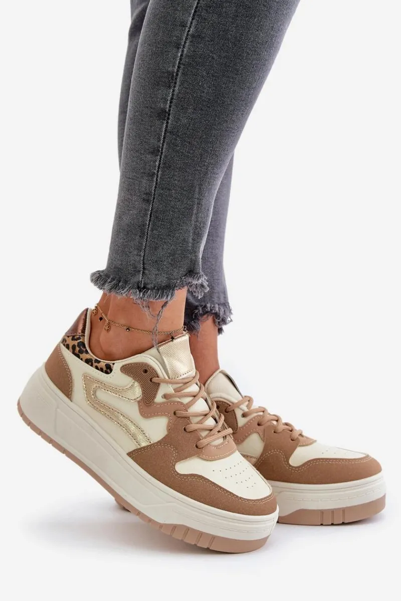Sneakersy Damskie>Boto Damskie Sneakersy Z Eko Skóry Na Platformie Panterka Beżowe Henizore Beżowy