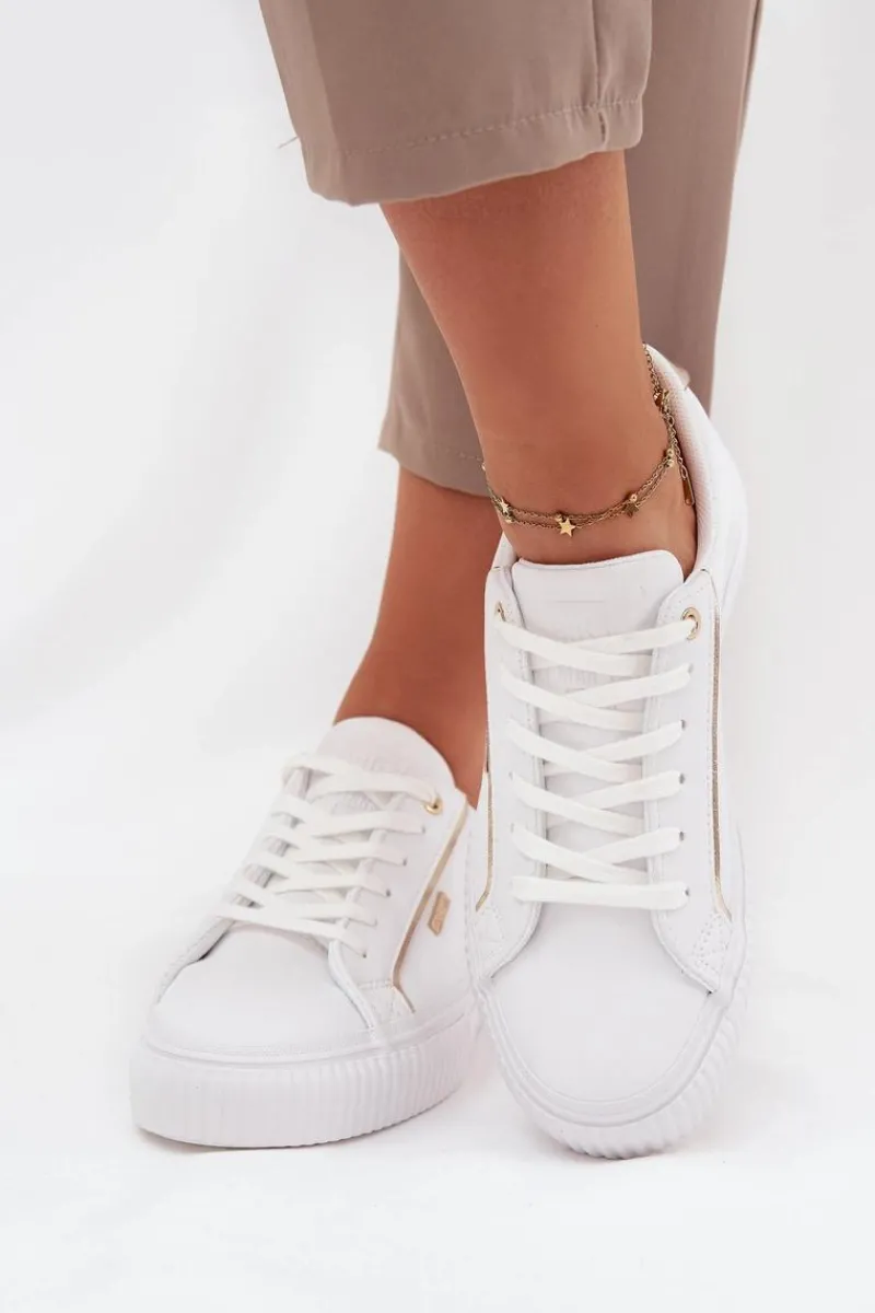 Hot Damskie Sneakersy Z Eko Skóry Big Star SS274026 Biało-Złote Damskie Trampki Damskie Big Star|Buty Sportowe Big Star