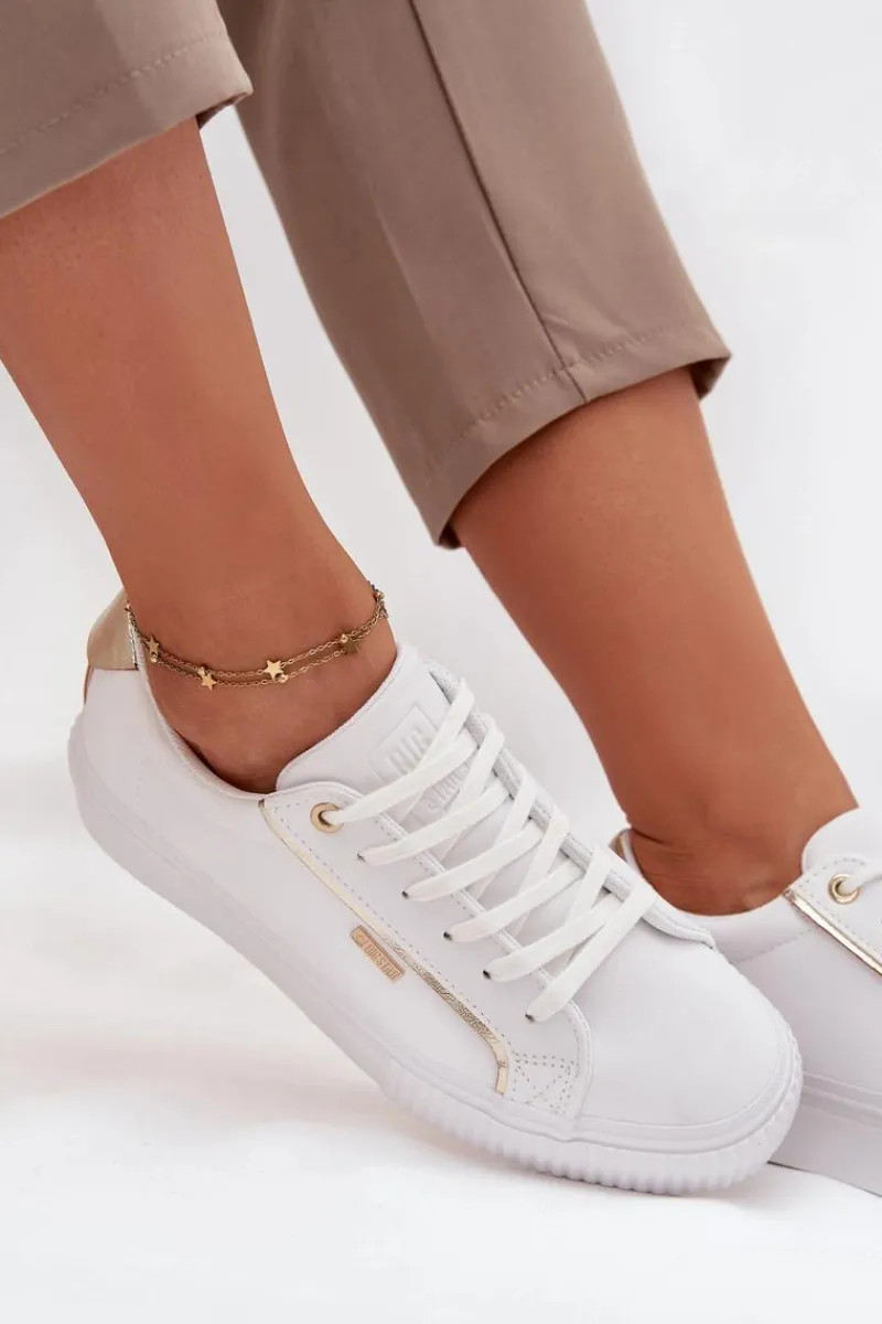 Hot Damskie Sneakersy Z Eko Skóry Big Star SS274026 Biało-Złote Damskie Trampki Damskie Big Star|Buty Sportowe Big Star