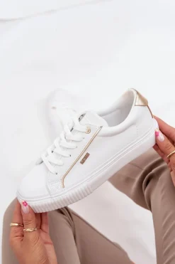 Hot Damskie Sneakersy Z Eko Skóry Big Star SS274026 Biało-Złote Damskie Trampki Damskie Big Star|Buty Sportowe Big Star