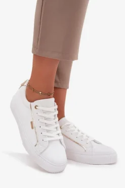 Hot Damskie Sneakersy Z Eko Skóry Big Star SS274026 Biało-Złote Damskie Trampki Damskie Big Star|Buty Sportowe Big Star