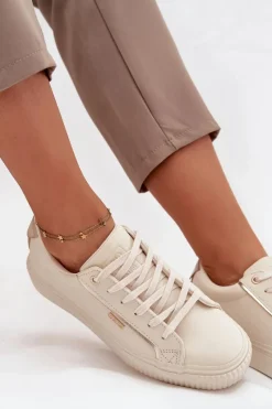 Best Big Star Shoes Damskie Sneakersy Z Eko Skóry Big Star SS274027 Beżowo-Złote Beżowy