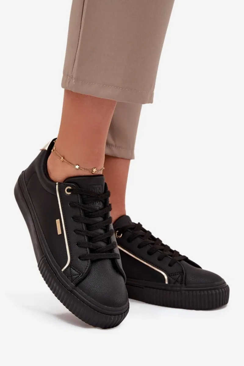 Trampki Damskie Big Star|Buty Sportowe Big Star>Big Star Shoes Damskie Sneakersy Z Eko Skóry Big Star SS274025 Czarno-Złote Czarny