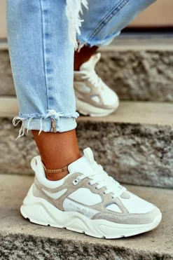 Discount Big Star Shoes Damskie Sportowe Buty Sneakersy Big Star GG274657 Biało-Beżowe