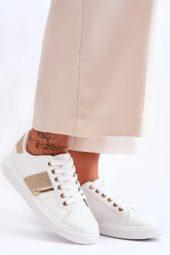 Sale Damskie Sportowe Buty Z Dżetami Biało-Złote Axelle Damskie Buty Sportowe Na Platformie|Sneakersy Damskie