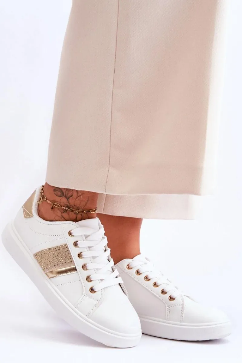 Sale Damskie Sportowe Buty Z Dżetami Biało-Złote Axelle Damskie Buty Sportowe Na Platformie|Sneakersy Damskie
