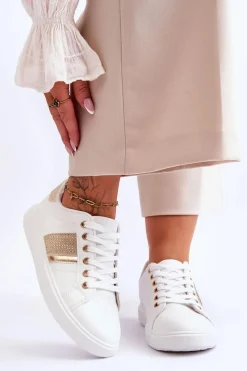 Sale Damskie Sportowe Buty Z Dżetami Biało-Złote Axelle Damskie Buty Sportowe Na Platformie|Sneakersy Damskie