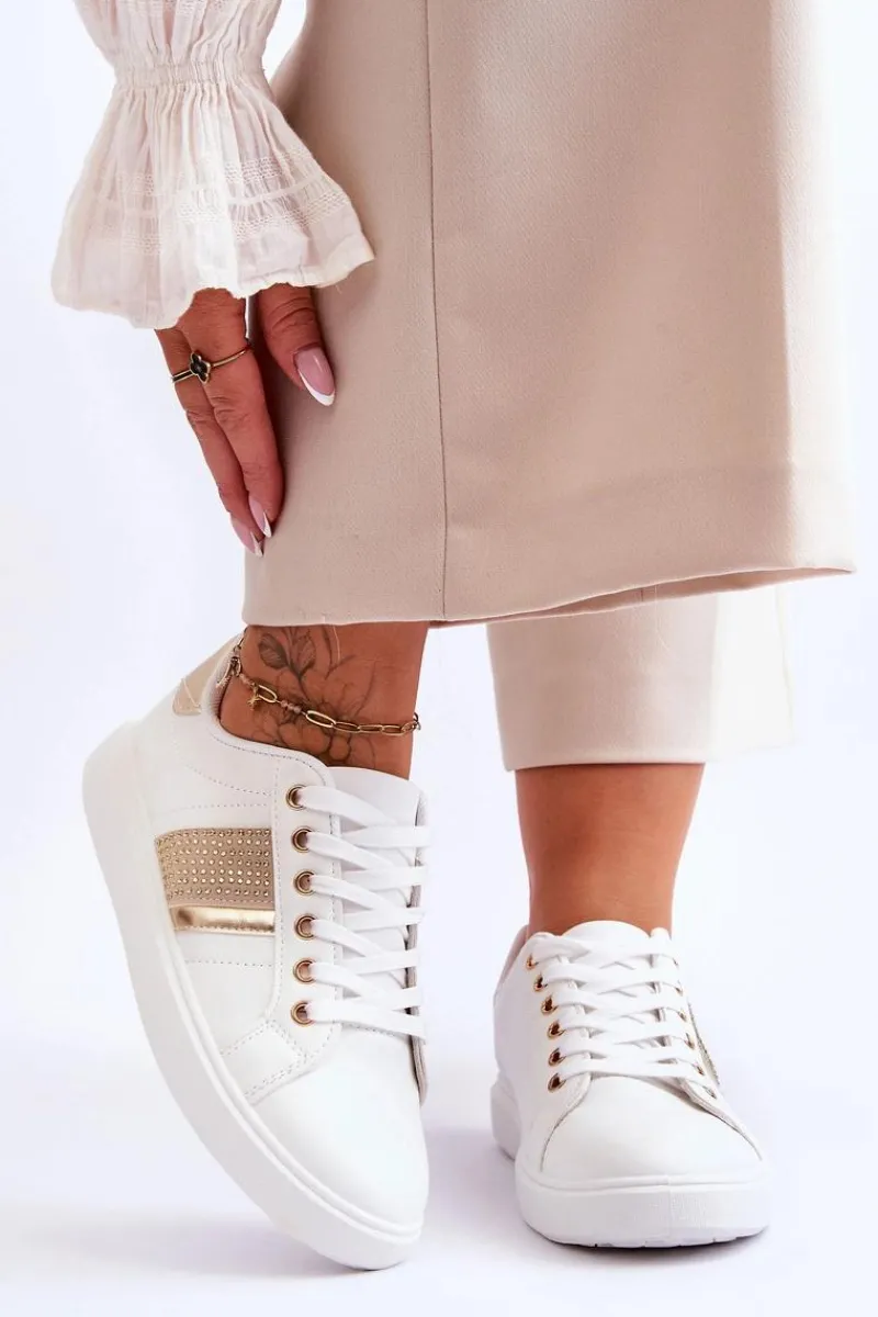 Sale Damskie Sportowe Buty Z Dżetami Biało-Złote Axelle Damskie Buty Sportowe Na Platformie|Sneakersy Damskie