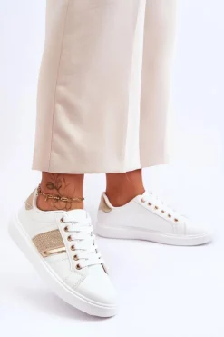Sale Damskie Sportowe Buty Z Dżetami Biało-Złote Axelle Damskie Buty Sportowe Na Platformie|Sneakersy Damskie