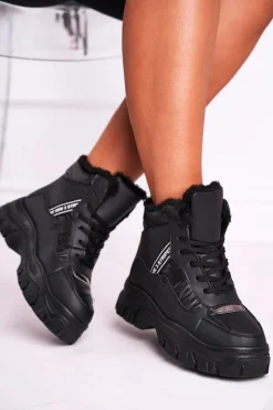 Śniegowce Damskie|Botki Sznurowane>Boto Damskie Sportowe Śniegowce Z Futerkiem Czarne Euphoria