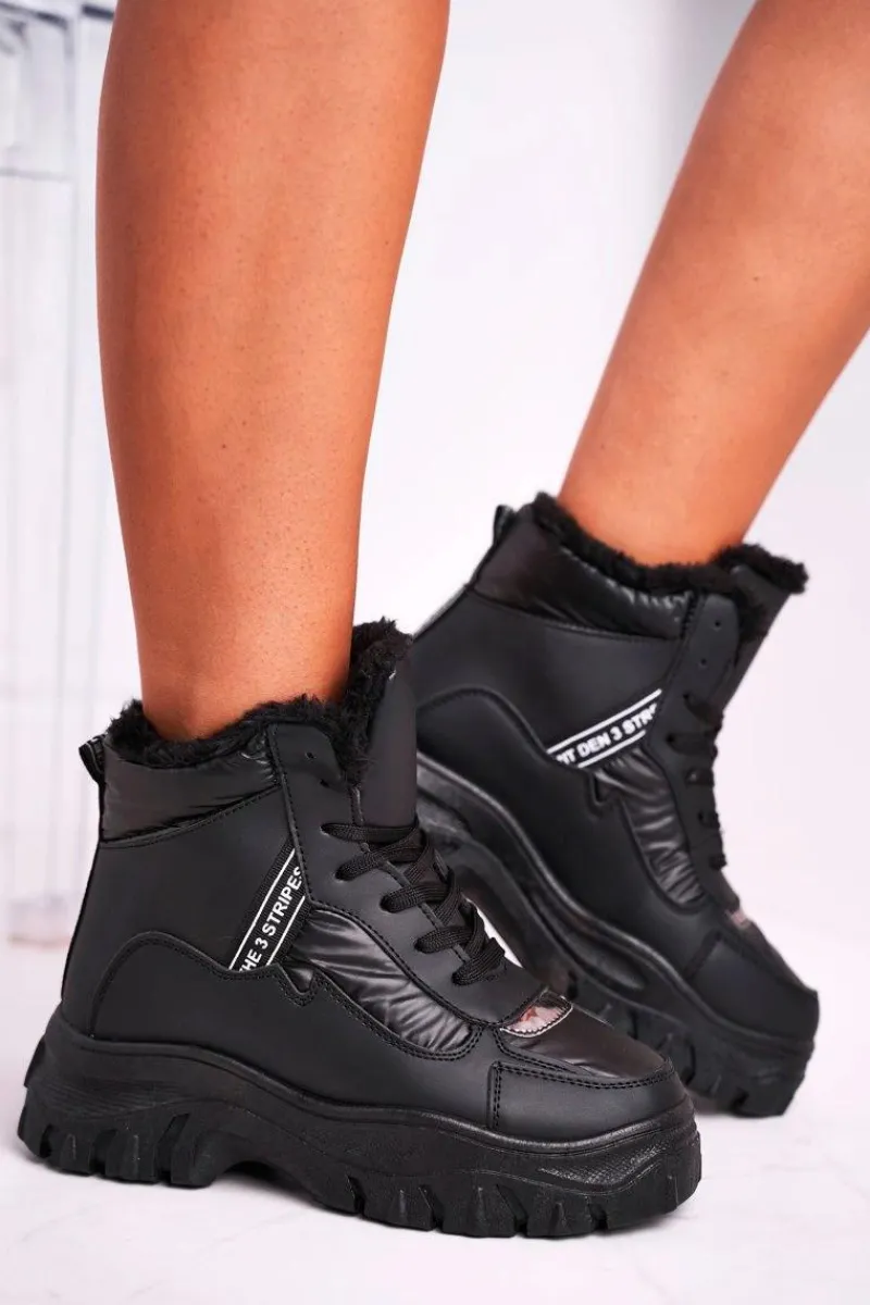 Śniegowce Damskie|Botki Sznurowane>Boto Damskie Sportowe Śniegowce Z Futerkiem Czarne Euphoria