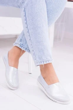 Półbuty Skórzane|Mokasyny Damskie Skórzane>Boto Damskie Srebrne Skórzane Slip On Frela