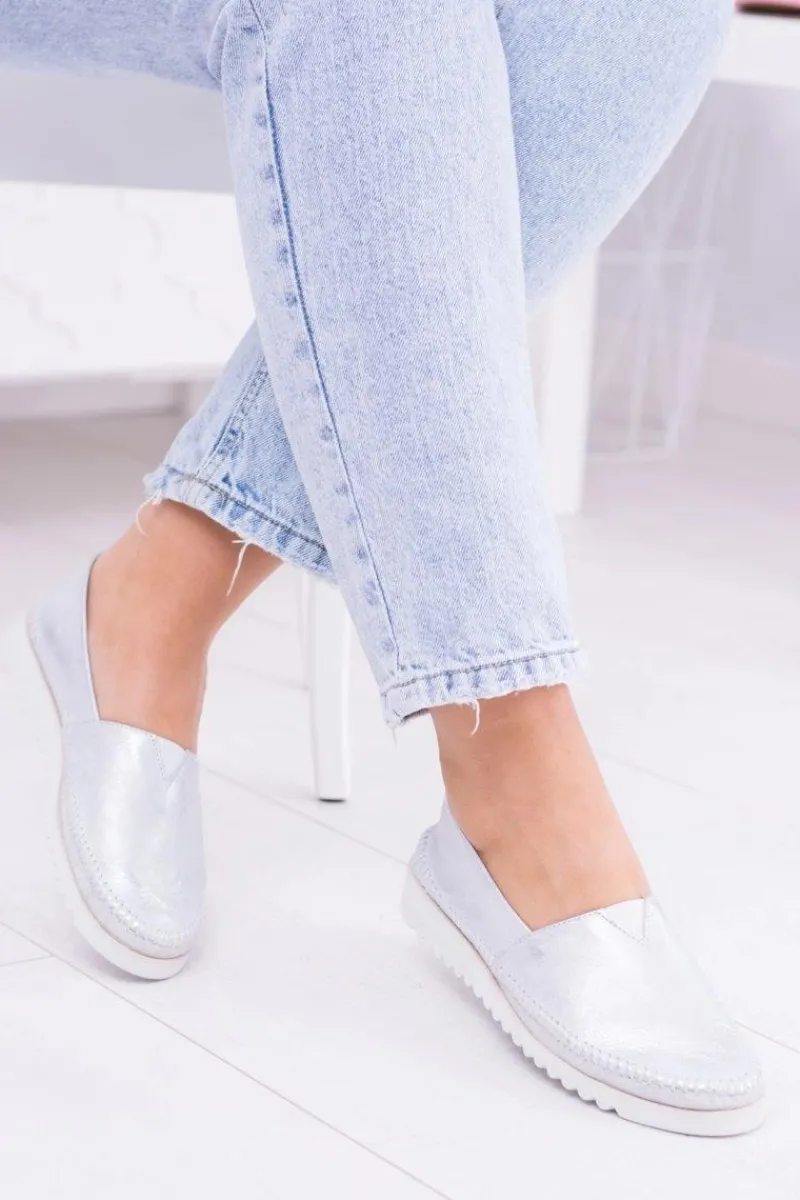 Półbuty Skórzane|Mokasyny Damskie Skórzane>Boto Damskie Srebrne Skórzane Slip On Frela