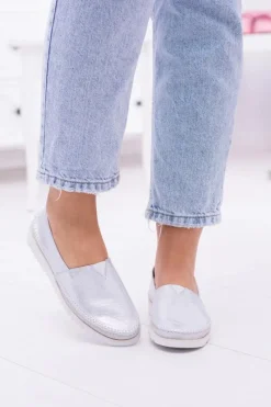 Półbuty Skórzane|Mokasyny Damskie Skórzane>Boto Damskie Srebrne Skórzane Slip On Frela