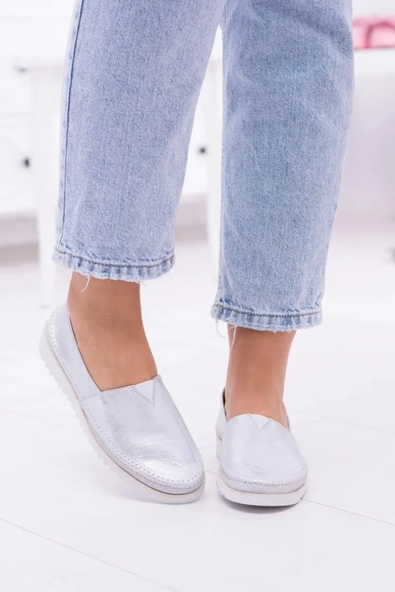 Półbuty Skórzane|Mokasyny Damskie Skórzane>Boto Damskie Srebrne Skórzane Slip On Frela