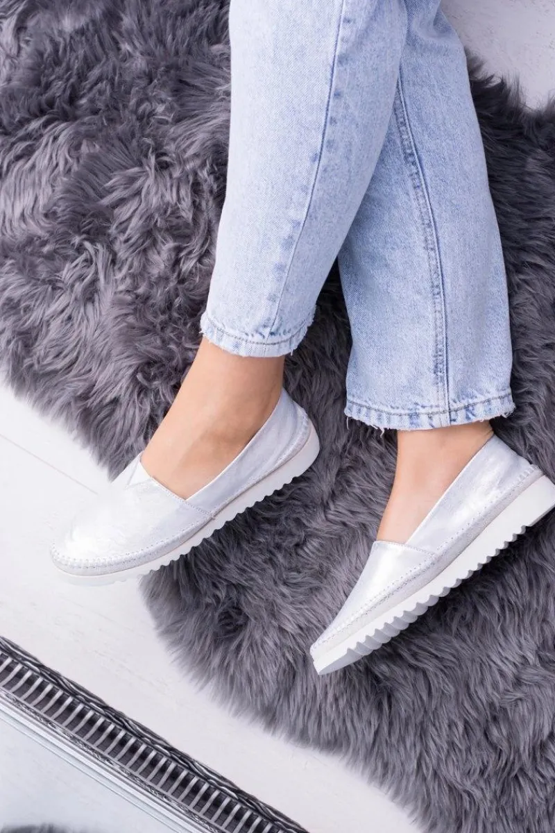 Półbuty Skórzane|Mokasyny Damskie Skórzane>Boto Damskie Srebrne Skórzane Slip On Frela