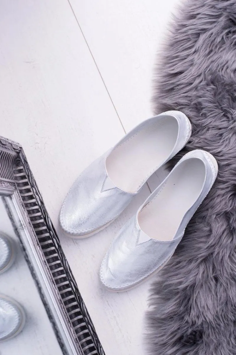 Półbuty Skórzane|Mokasyny Damskie Skórzane>Boto Damskie Srebrne Skórzane Slip On Frela