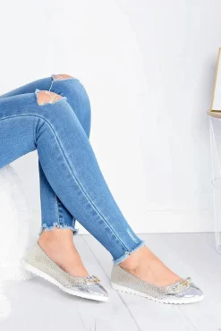 Hot Boto Damskie Srebrne Wsuwane Balerinki Z Kokardką Cleoss