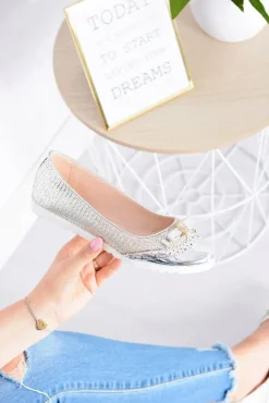 Hot Boto Damskie Srebrne Wsuwane Balerinki Z Kokardką Cleoss